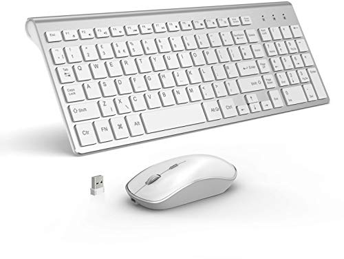 Clavier et souris sans fil rechargeables, J JOYACCESS pleine taille, ultra fin, 2400 dpi, souris silencieuse, pour ordinateur, Smart TV, ordinateur portable, (disposition QWERTY UK) – Argent + blanc