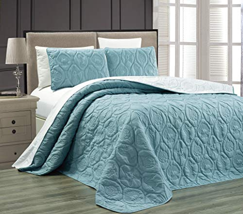 Grand Linen 3-Piece Tropical Coast Seashell Beach Oversize Queen Bedspread in Spa Blue Reversible to White Coverlet Embossed Bed Cover Set. Sea Shells, Sea Horse, Starfish etc.