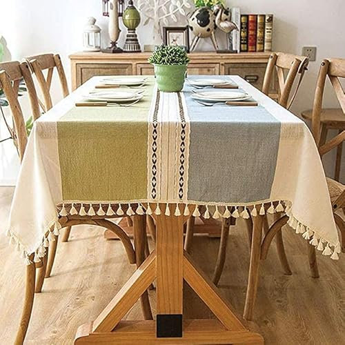 Pahajim Square TableCloth Linen Tablecloth Cotton Washable Table Cloth Wrinkle Free Tassel Design Table Cover for Kitchen Dinning Tabletop Decoration (Blue-Green,55x55 inch)