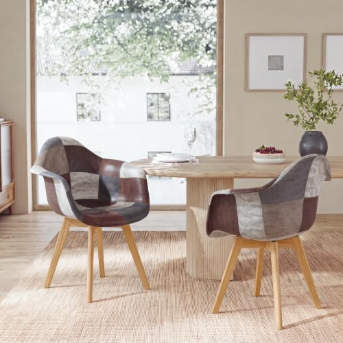 GrandCA HOME 2er-Set Esszimmerstühle mit Armlehne, Vintage-Küchenstühle, Sessel, Massivholzbeine und Patchwork-Stoffsitz, für Schlafzimmer, Wohnzimmer, Esszimmer und Küche(braun)