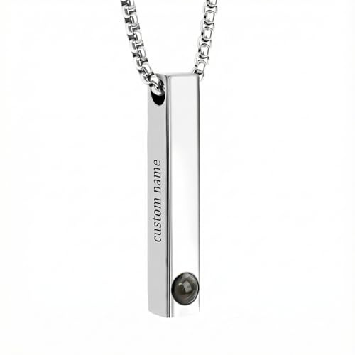 Personalisierte Foto Projektion Halskette Benutzerdefinierte Gravierbar Name/Text Vertikale Balken Anhänger mit Bild im Inneren, Schmuck Geschenk für Männer Frauen (Silber)