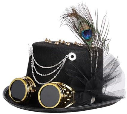 Unisex Halloween Gotisch Steampunk Zylinder Hut mit Brille Karneval Feder Kopfbedeckung Showgirl Stirnband Cosplay Zubehör(61cm/24.02 inches,Schwarz)