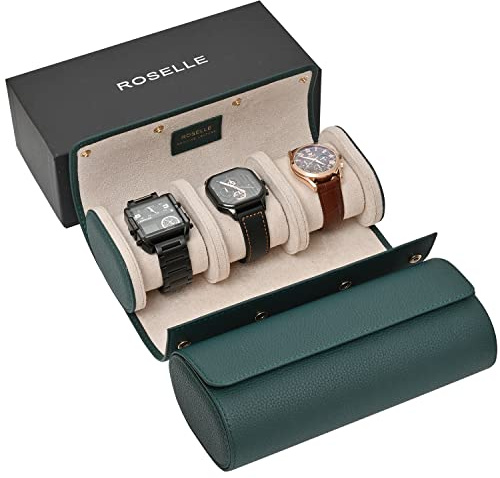 ROSELLE Echtleder-Uhrenrolltasche für 3 Uhren mit luxuriösem Futter, Schutz, Transport, Aufbewahrung und Präsentation hochwertiger Uhren (3 Fächer, grün, Echtleder)
