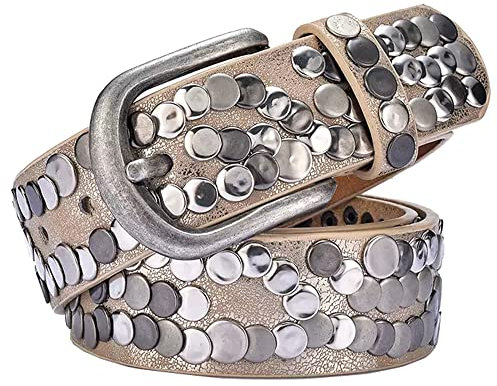 KABELIF Damen Nieten Gürtel Funkelnden Strass Nietengürtel Western Ledergürtel Cowgirl Bling Gürtel für Jeans Hosen (Gold, 110cm)
