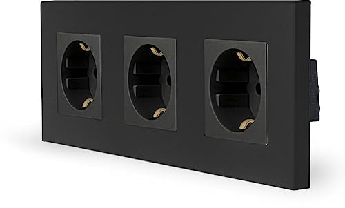 Luxus-Time 3-Fach Schuko Steckdose, Doppelsteckdose, Wandsteckdose mit Kindersicherung, dreifach Design Kunststoffrahmen für DE Unterputzdose in schwarz