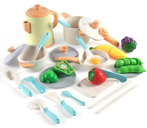 HOTUT Giochi di Ruolo Cucina per Bambino, Set di Pentole e Padelle 26 Pezzi, Utensili da Cucina Giocattolo