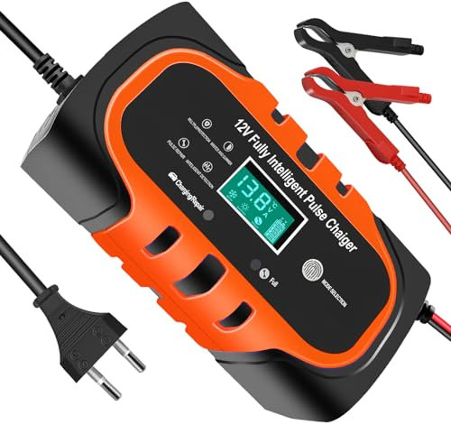 Carica Batteria per Auto, 10A/12V Multi Protezioni Caricabatterie Auto di Carica, Mantenitore Batteria Moto con Schermo LCD per Auto, Moto, ATV, Camper, Powersports
