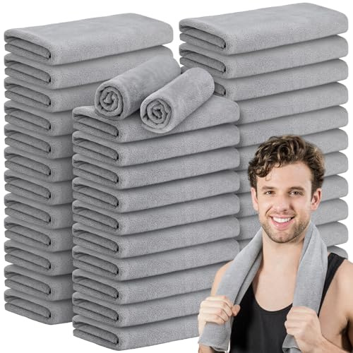 SmoothNovelty 36 Pcs Microfiber Gym Towel 16 x 28 in Bleach Proof Towels Absorbent Soft Sweat Towels Quick Dry Lightweight Towel for Hand Salon Bath Spa Hotel Pool Home Hair Care(Light Grey)