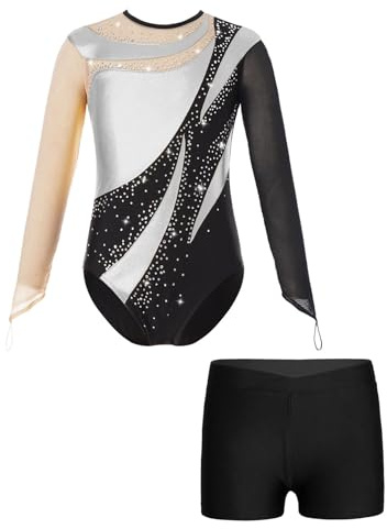Oyolan Barn, flickor, trikådräkt, skridskoåkning, gymnastik, glänsande långärmad gymnastikdräkt med strass och shorts, set, 5–14 år, Färg: silverfärger, 5-6 �r