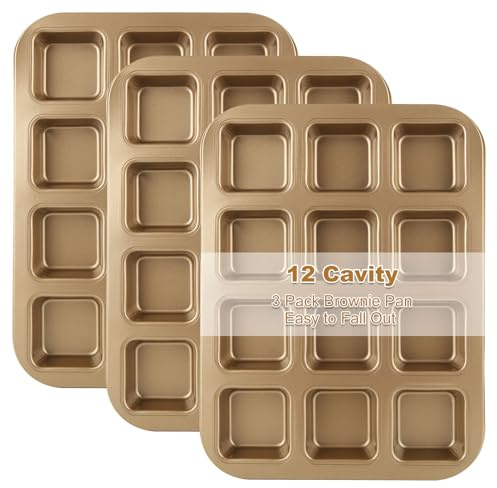 YAYODS 3 Pack Brownie Pan with Dividers 12 Cavity Square Muffin Pans Nonstick All Edges Brownie Pan, Baking Pan for Cornbread, Cupcakes, Tart, Muffin Cakes, Cookie, Bread (Gold)