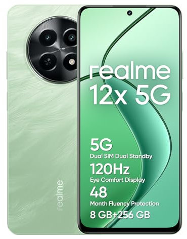 realme 12x 5G Smartphone 8+256 GB, Cámara con IA de 50 MP, Duales 5G, Protección de soltura TÜV SÜD de 48 Meses, Display de 120 Hz, NFC de 360°, Gran batería de 5000 mAh, Feather Green(no Adapter)