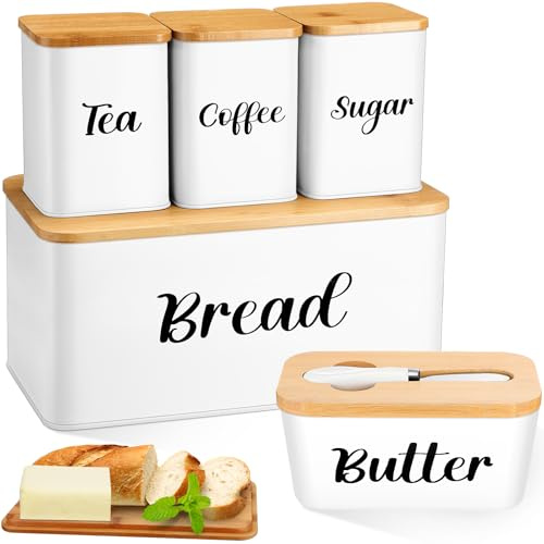 Domensi Metal Bread Box and Ceramic Butter Dish with 3 Airtight Kitchen Canisters Farmhouse Storage Canister Set for Kitchen with Bamboo Cutting Board Lid and Stainless Steel Butter Knife (White)