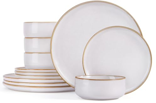 Homikit 12Pcs Dinner Set, Reactive Glaze Stoneware for 4, Cappuccino Beige
