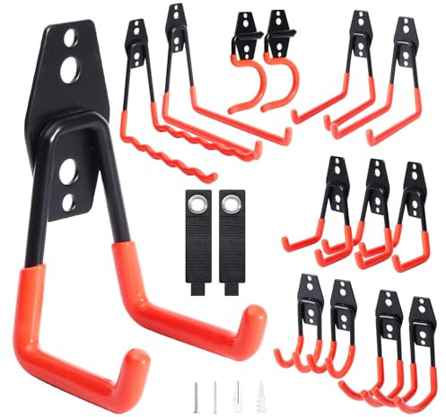 OLDVIND 16 Pack Garage Hooks Heavy Duty Steel Storage Utility Hook Set Anti Slip Wall Mount Garage Storage Organization and Tool Hangers for Power ＆ Garden Tools, Ladders, Bikes, Ropes
