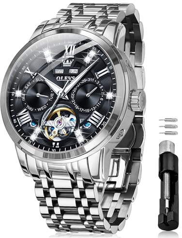 OLEVS Automatic Watches for Men Self Winding Mechanical Skeleton Luxury Dress Stainless Steel Diamond Men Wrist Watches
