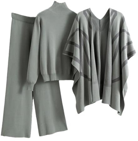 Dreiteiliges Strickset für Damen, lässiger Pullover + gestreifter Schal + Hose mit weitem Bein, grau, Einheitsgröße