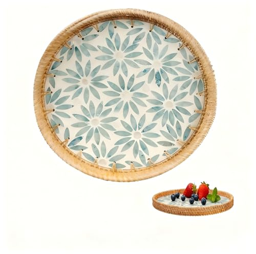 Rundes Rattan Tablett mit Perlmutt Inlay, Handgewebtes Dekoratives Perlmutte Rattan Serviertablett mit Holzboden, Boho Deko Tablett für Frühstück, Getränke, Snacks, Desserts, Früchten(Grüne Blume) | Couchtisch und Küche, vielseitig einsetzbar für Obst, Brot und Snacks, natürlich gewebt (grüne Blume)