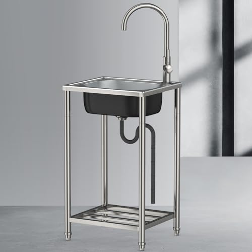 Fregadero Exterior Lavadero Pila Exterior Jardin Fregadero De Acero Inoxidable Independiente con Grifo Y Estantes De Almacenamiento Fácil De Montar Lavabo Portatil para Jardín Lavadero