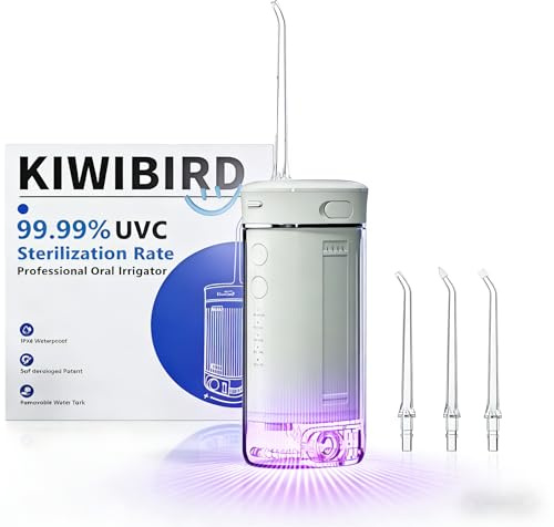 KIWIBIRD Mini-Wasserseide für Reisen, ultra-tragbare schnurlose Munddusche mit UVC-Licht, IPX8 wasserdicht, 3 Modi, 230 ml Zahnreiniger für die Pflege von Mandelsteinen und Zahnspangen – Zuhause &