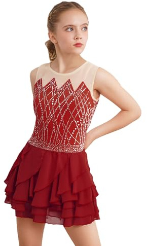Freebily Abito da Pattinaggio Artistico Bambina Vestito da Balletto Danza Classica Ballerina con Strass Body Ginnastica Ritmica Costume da Ballo Lirico Contemporaneo Borgogna 11-12 Anni