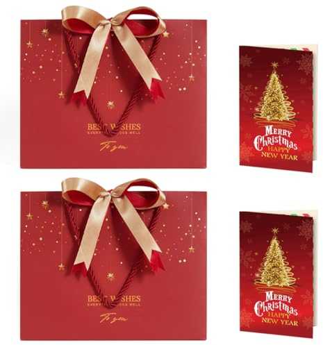 GXGM Geschenktüten mit Henkel - 2 Geschenktasche + 2 Grußkarten, Papiertüten mit Henkel, Geschenkverpackung für Geschenk, Weihnachten, Geburtstag, Feier, Hochzeit (Rot)