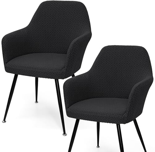 2PCS Stretch Stuhlbezu Stuhlhussen mit Armlehne Elastischer Stuhlbezug | Schwarz Jacquard Stuhl Abdeckung Esszimmer Stuhlhussen mit Gebogener Rückenlehne für Esszimmerstühle