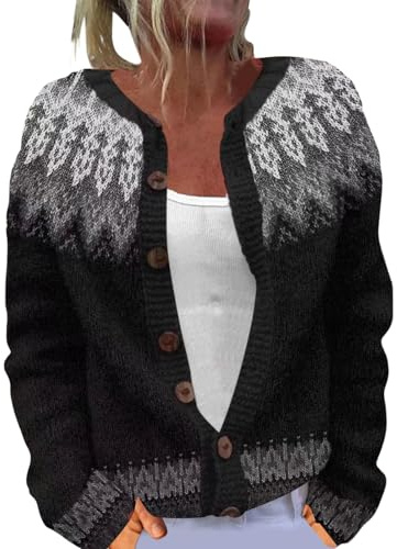 Cardigan in lana per donna – maglione norvegese da donna istruzioni a maglia oversize maglione con bottoni cappotto cardigan etnico maglione jacquard felpa morbide giacche di lana, Nero , 5XL