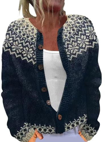 Gilet Femme Norvégien Jacquard à Manches Longues, Chic et Elegant, Cardigan Femme Tricoté à Boutons, Pulls, Gilets et Sweats Hiver Chaud, Cardigan Pull Irlandais Mohair, Gilet Laine Cachemire de Noel