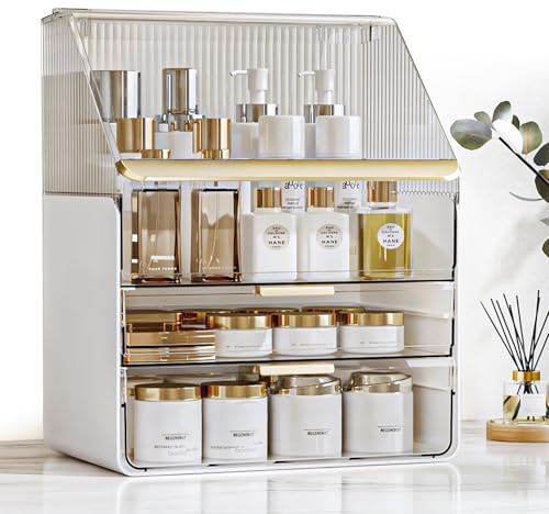 Makeup Organizer Countertop with Drawers & Lid, Skincare Organizer for Vanity, Large Cosmetic Organizer & Display Cases and Storage for Bathroom & Desktop. Perfect for Girl Women Mom Gifts