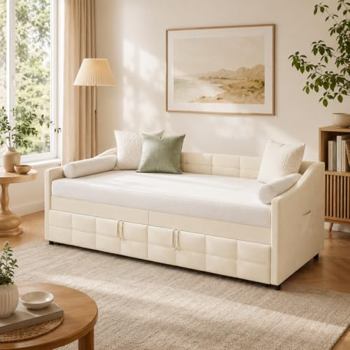 Quiaviank Schlafsofa 90x200cm mit Ausziehbarem Bett, Schlafcouch Ausziehbar Einzelbett mit Samtstoff, Tagesbett mit Lattenrost für Wohnzimmer, Schlafzimmer, Ohne Matratze, Beige