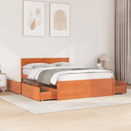 Zeehear Solid Pine Wood Bed Frame with Headboard, Wax Brown Finish, 120x200 cm Platform Bed Frame, Storage Drawers Included, Durable Plywood Slats for Bedroom