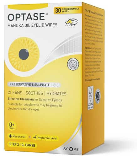 Optase Manuka Oil Eyelid Wipes – Effective Cleansing with Antibacterial Action - Preservative Free – 30 Biodegradable Wipes - Cleans, Soothes, and Hydrates Sensitive Eyelids