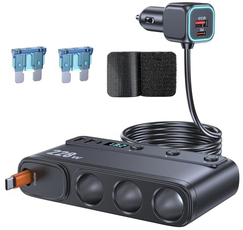 228W 9-in-1 zigarettenanzünder verteiler,12V/24 Adapter Auto Ladegerät | 9 Anschlüsse mit 3unabhängigen Schaltern,integriertes Typ-C Kabel,LED Spannungsanzeige,für iPhone/Dashcam/GPS/Sitzheizung