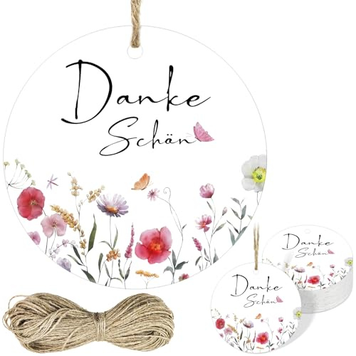 NISENTIA 50 Stück Danke Anhänger, Geschenkanhänger Danke Anhänger Kommunion Dankeschön Geschenk Konfirmation mit Schnur für Babyparty Hochzeit Geburtstag Taufe Tags