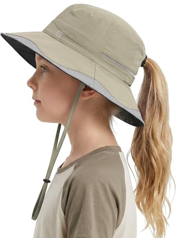 GADIEMKENSD Barnsolhatt med brett brätte och fläta hål, ventilerande svettband, UPF 50+ safari-sommar-strandhatt för pojkar och flickor, kaki, 52-56