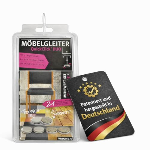 Wagner QuickClick® Möbelgleiter - Dining Set - 1 Tisch, 6 Stühle - 28 x Basis + wendbarer Einsatz - Duo Wollfilz Ultrasoft + Kunststoff Hyper - Durchmesser Ø 20 mm und Ø 25 mm - Made in DE - 15790001