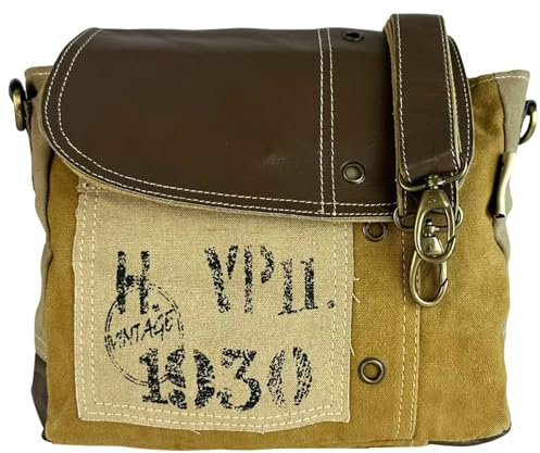 Sunsa Vintage Umhängetasche kleine Messengertasche aus Canvas & Leder braun | Handtasche mit vielen Fächern, braun/ beige Retro Tasche, Unisex Schultertasche für Damen und Herren mit verstellbaren Henkel