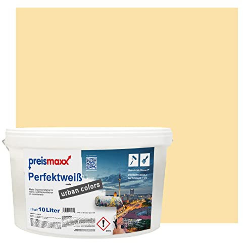 Preismaxx Perfektweiß urban colors, bunte Wandfarbe, gelb, sandgelb, sand yellow 10L, Innenfarbe, hohe Deckkraft Klasse 2, matt