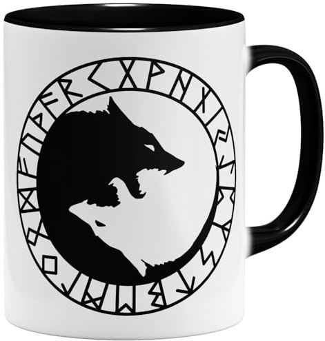 OM3® Runen-Yin-Yang-Wölfe Wikinger Kaffee-Tasse - Keramik Becher - 11oz 325ml - Vikings Wolves Symbol Logo Nordic Warrior Odin Walhalla - Schwarz