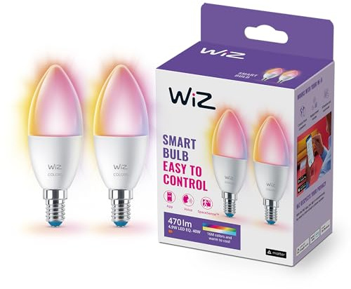 WiZ Color/RGB - Smart LED belysning (WiFi och Bluetooth), 40W, C37, E14, 2700-6500 Kelvin, Dimbar i kallvitt till varmvitt + 16 miljoner färger, 2-pack