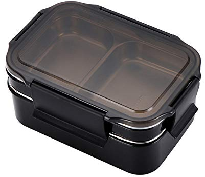 Colorful Home Tool Edelstahl Brotdose 1000ml, Lunchbox mit Fächern, 2 Fach Bento Box Brotbox Vesperdose Frischhaltedose für Kinder Erwachsene Schule Freizeit Camping (Schwarz)