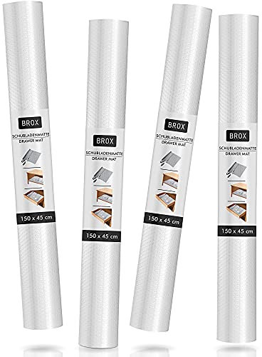 BROX® Schubladenmatte - 4 Schubladen Einlagen pro Set (150cm x 45cm) - Schrankpapier abwaschbar - Zuschneidbare Folie - rutschfeste Unterlage - Kühlschrankmatte - Folie Küchenschränke