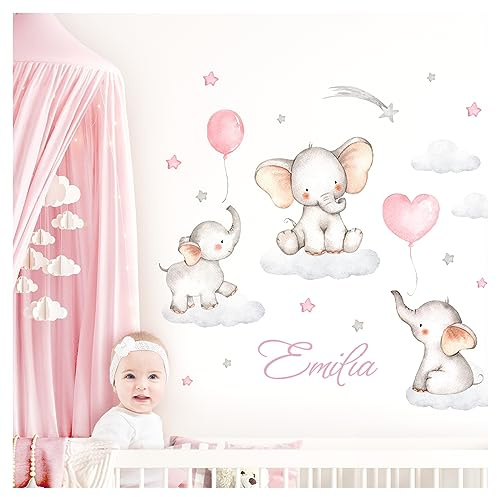 Little Deco Wandtattoo Elefanten & Wunschname I Wandbild 133 x 80 cm (BxH) I Kinderzimmer Babyzimmer Wandaufkleber Mädchenzimmer Sterne Wolken Wandsticker DL710