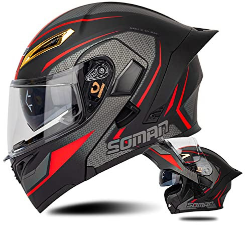 Motorrad Modularer Helm Roller Moped Integralhelm mit Doppelscheibe DOT Klapphelm Sturzhelm Motorradhelme für Damen & Herren (schwarz-rote Spur) (61~62cm XL)