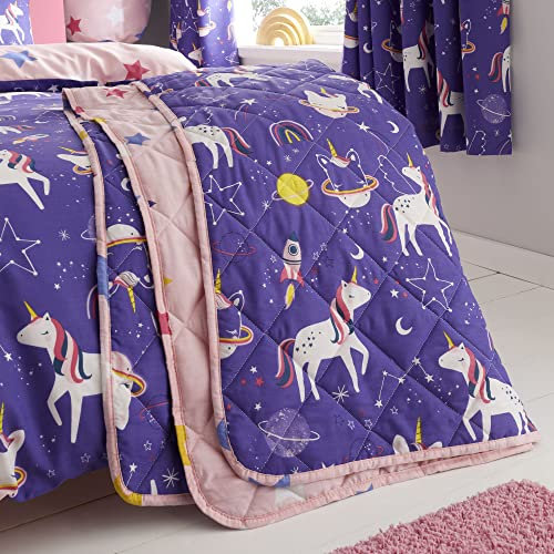 Happy Linen Company Manta Acolchada Reversible para niñas y niños, diseño de Unicornio Espacial, Color Morado, 150 x 200 cm