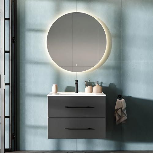 Planetmöbel LUX Badmöbel Waschtisch mit Waschbecken 70 cm, Keramik Waschbecken mit Unterschrank Gold Eiche/Anthrazit