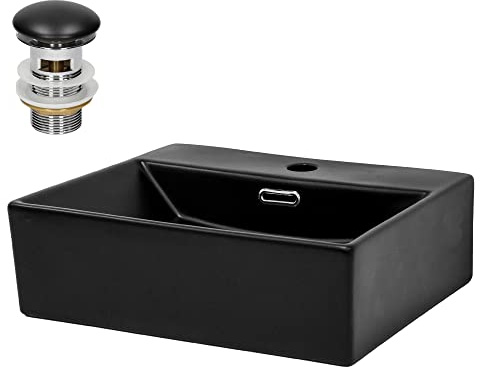 ML-Design Lavabo en Céramique Noir 415x360x130 mm avec Garniture de Vidage 1 1/4 Universelle et Trop-Plein, Design Rectangle, Vasque à Poser Moderne, Évier Lave-Mains pour Salle de Bain et Toilettes