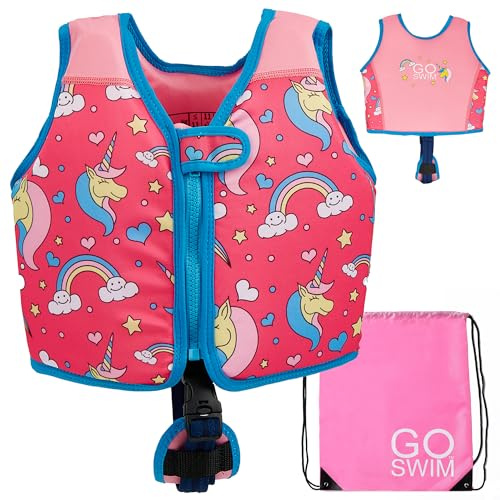 Go Swim Giubbotto Galleggiante - Include borsa da nuoto gratuita Giubbotto da nuoto per bambini con galleggiabilità fissa e cinturino di sicurezza (Magical Unicorns, L (19-30kgs))