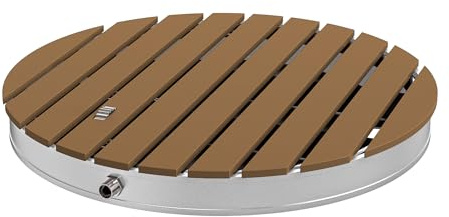 Froadp Trädgårdsdusch, campingdusch, aluminium och WPC-golvdusch, träfärg, bastudusch med halkfritt stativ, Ø 70 cm, väderbeständigt, träutseende, utomhusdusch för vanliga trädgårdsslangar (rund)