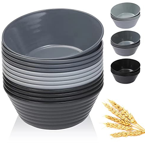 DUOLUV Cereal Bowls 36 OZ, Set of 12 Unbreakable Wheat Straw Plastic Serving Snack & Soup Dessert Bowls for Kitchen, Parties & Camping - Dishwasher & Microwave Safe - Black & Gray